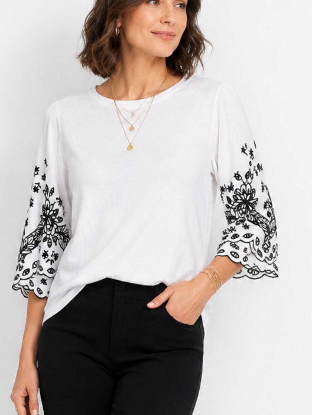 Chico's Eyelet Full Sleeve Embroidered Black And White Tshirt Top